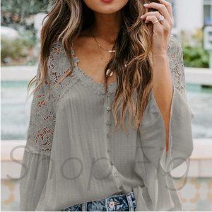 New Boho Grey Lace Festival Button Front Blouse Western Boutique Vintage